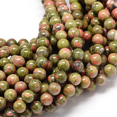 Natural Gemstone Unakite Round Bead Strands G-P075-35-6mm-1