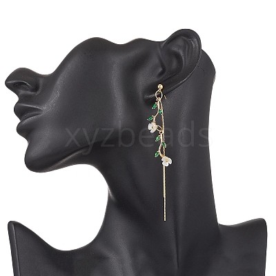 Leaf with Flower Brass Micro Pave Cubic Zirconia Tassel Stud Earrings EJEW-JE06456-1