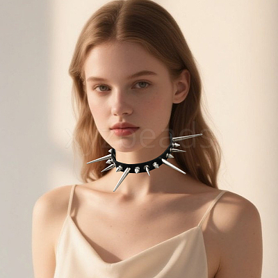 Punk Rock Style Alloy Spiked Cone Rivet Imitation Leather Chocker Necklaces NJEW-WH20011-10P-01-1