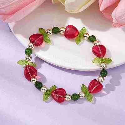 Heart Flower Dyed Natural TaiWan Jade & Acrylic Stretch Bracelet BJEW-JB09908-01-1