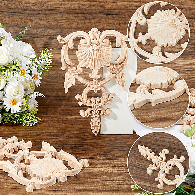 4Pcs Natural Solid Wood Carved Onlay Applique Craft WOOD-FH0002-37-1