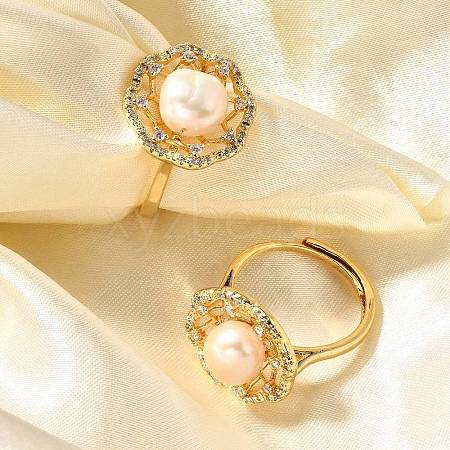 Flower Natural Pearl Adjustable Rings RJEW-P113-19G-1