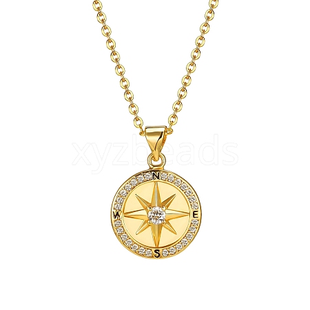 Brass Clear Cubic Zirconia Compass Pendant Cable Chain Necklaces PW-WG2438B-01-1