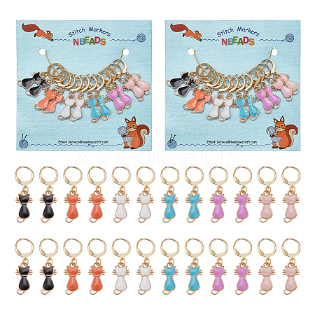 Cat Alloy Enamel Pendant Locking Stitch Markers HJEW-AB00103-1