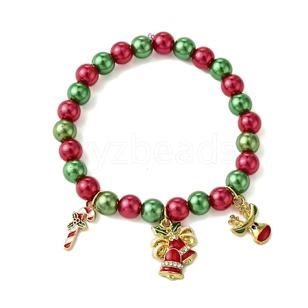 Christmas Bell & Candy Cane & Deer Alloy Enamel Charm Bracelets BJEW-JB10823-1