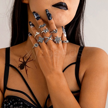 9Pcs 9 Styles Aniaml Alloy Spider & Snake & Bat & Flower Finger Rings Sets for Women PW-WG5EE65-01-1