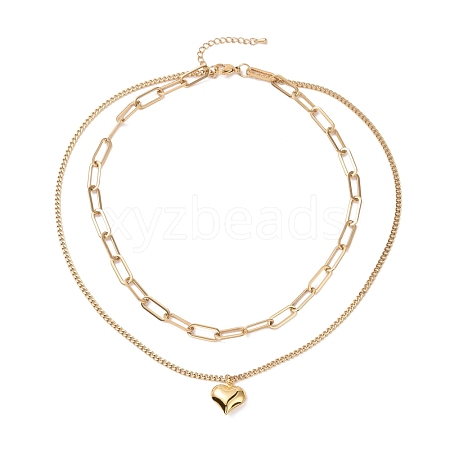Vacuum Plating 304 Stainless Steel Double Chains Multi Layered Necklace with Heart Charm for Women STAS-E155-24G-1