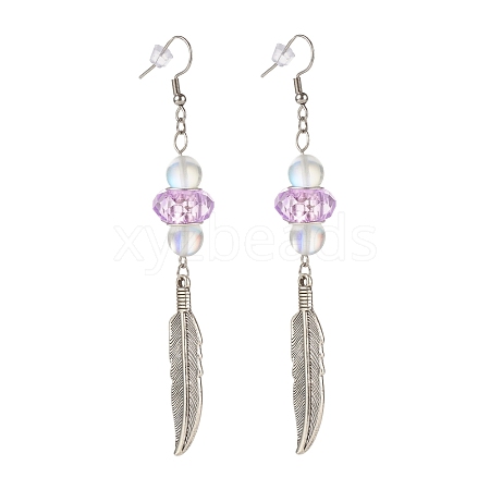 Feather with Round Beads Long Dangle Earrings for Girl Women EJEW-JE04681-05-1