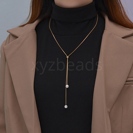 Alloy Snake Chain Slider Lariat Necklaces with Plastic Imitation Pearl Round Beads WG87CD3-01-1