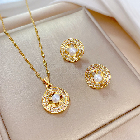 Brass Micro Pave Cubic Zirconia with Plastic Pearl Pendant Necklace & Stud Earrings WG7AC39-31-1