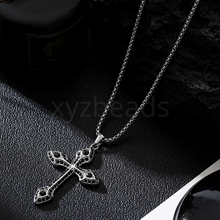 Stainless Steel Jet Rhinestone Cross Pendant Necklaces HN5605-1