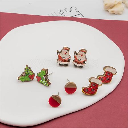 4 Pairs Santa Claus & Holly Leaves & Christmas Socking Printed Wood Stud Earrings EJEW-OY001-02-1