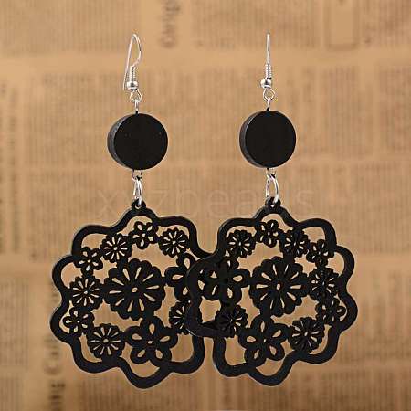 Filigree Flower Wood Dangle Earrings EJEW-I180-08-1