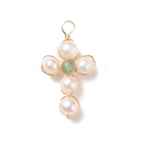 Natural Green Aventurine & White Freshwater Pearl Pendants PALLOY-JF01660-02-1