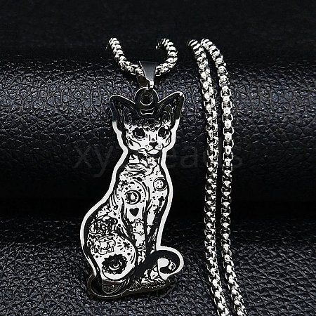 304 Stainless Steel Enamel Sphynx Cat Pendant Necklaces NJEW-G115-08P-1