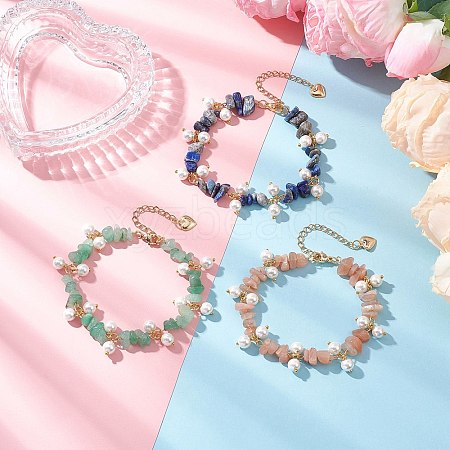 3Pcs Natural Green Aventurine & Sunstone & Lapis Lazuli Chip Beaded Bracelets for Women BJEW-JB12301-1
