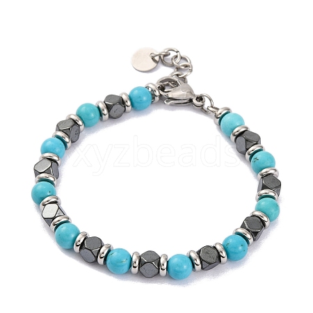 Synthetic Turquoise & Magnetic Synthetic Hematite Round Beaded Bracelet X-BJEW-P339-02P-10-1