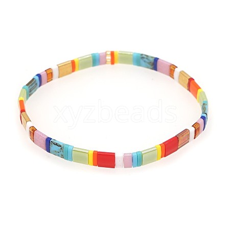 Bohemian Rainbow Glass Flat Double-Hole Bead Striped Women's Stretch Bracelets for Women QS8192-7-1