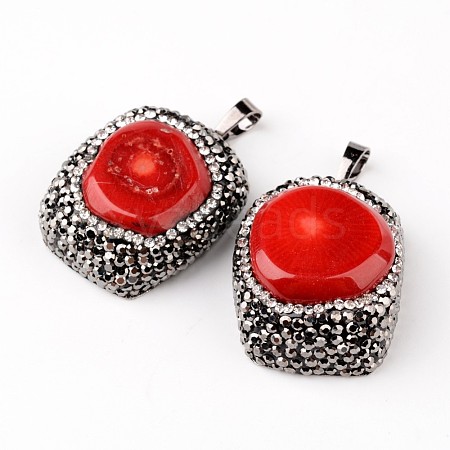 Rectangle Coral Polymer Clay Rhinestone Pendants X-G-F291-28-1