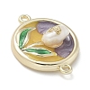 Brass Enamel Flat Round with Rose Connector Charms KK-M308-01G-01-2