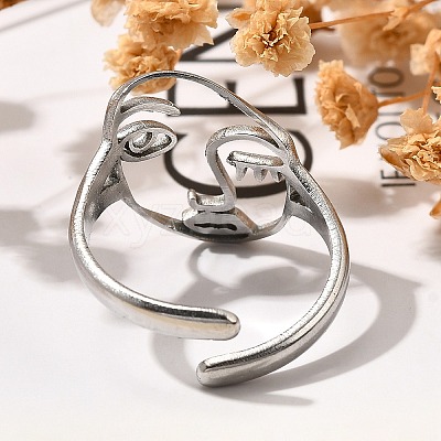 Hollow Human Face 304 Stainless Steel Open Cuff Rings for Women RJEW-M046-03P-1