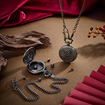 Vintage Alloy Flat Round Hollow Pocket Watch with Brass Curb Chain AJEW-PH0007-68B-1