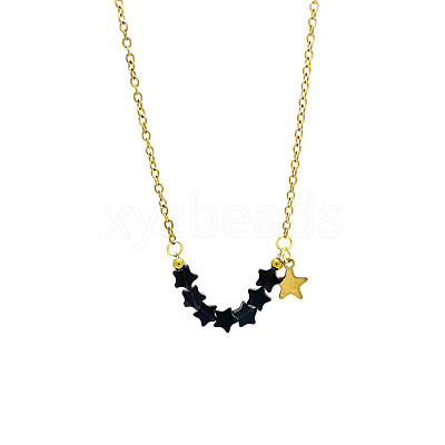 Bohemian Natural Obsidian Star Beads Pendant 304 Stainless Steel Chain Necklaces for Women WG45F40-04-1