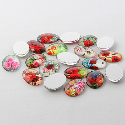 Multi-Color Flower Theme Ornaments Glass Oval Flatback Cabochons GGLA-A003-18x25-NN-1