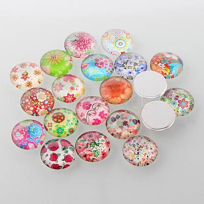 Half Round/Dome Floral Printed Glass Cabochons GGLA-A002-20mm-UU-1