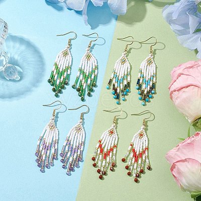 Woven Seed Beads & Natural Gemstone Tassel Earrings EJEW-MZ00154-1