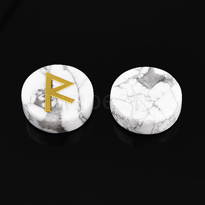 Brass Elder Futhark Alphabet Engraved Symbol Flat Round Natural Howlite Rune Stones G-I373-01F-1
