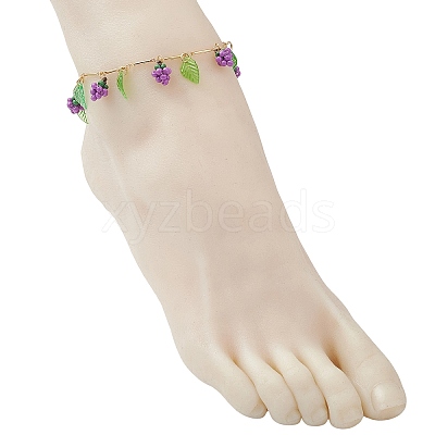 Acrylic Leaf & Glass Seed Beaded Grapes Tassel Brass Bar Link Chain Anklets for Women AJEW-MZ00008-01-1