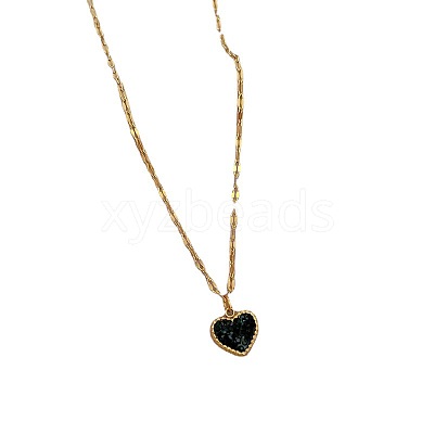 Double-Sided Polymer Clay Crystal & Jet Rhinestone Heart Pendant 304 Stainless Steel Dapped Chain Necklaces for Women WGED9DB-01-1