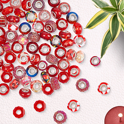 90Pcs 15 Styles Red Series Transparent Resin European Beads RPDL-SP0001-06-1
