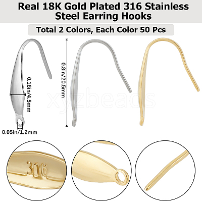100Pcs 2 Colors 316 Stainless Steel Earring Hooks STAS-BBC0004-89-1