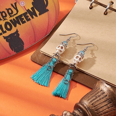 Synthetic Turquoise Skull Dangle Earrings EJEW-TA00235-02-1