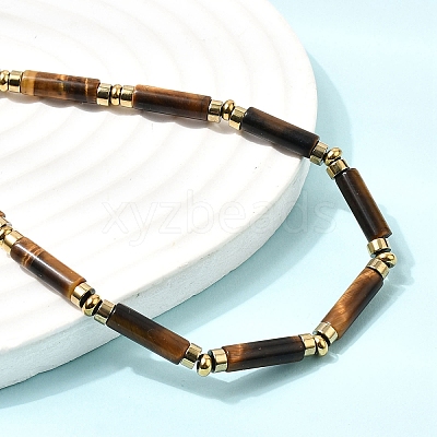 Natural Tiger Eye & Synthetic Non-magnetic Hematite Column Beaded Necklaces with 304 Stainless Steel End Chains NJEW-K301-01B-1