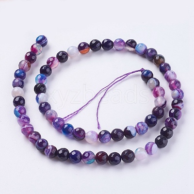 Faceted Round Dyed Natural Striped Agate/Banded Agate Beads Strands G-G581-6mm-M-1