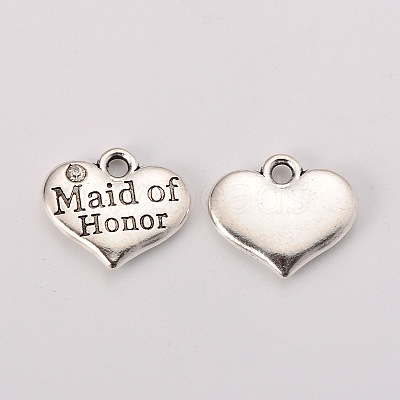 Wedding Theme Antique Silver Tone Tibetan Style Heart with Maid of Honor Rhinestone Charms LS-TIBEP-N005-05B-1