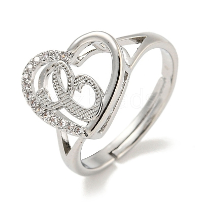 Heart with Letter Rack Plating Brass Micro Pave Cubic Zirconia Adjustable Rings for Women RJEW-I105-06P-C-1