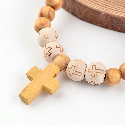Cross Wood Beaded Stretch Charm Bracelets BJEW-JB02220-1