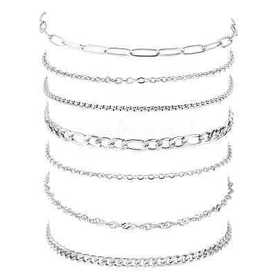 7Pcs 304 Stainless Steel Figaro Chains & Venetian Chains & Water Wave Chains & Cable Chains & Rolo Chains & Curb Chain Bracelets Set for Women BJEW-TADJ00001-1