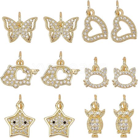 Fingerinspire 12Pcs 6 Style Brass Micro Pave Clear Cubic Zirconia Charms ZIRC-FG0001-04-1