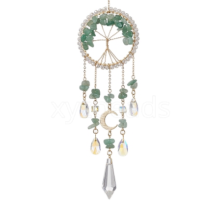 Wire Wrapped Natural Green Aventurine Chip Tree of Life Window Hanging Prism Ornaments HJEW-TA00283-03-1