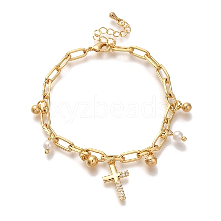 Cross Brass Micro Pave Clear Cubic Zirconia Cable Chain Bracelets For Women BJEW-L696-114G-1