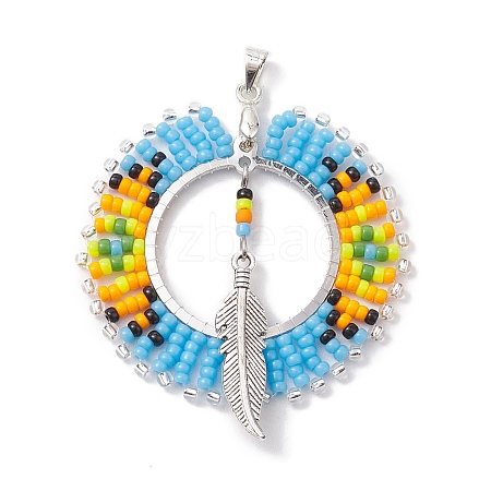 Seed Glass & Alloy Feather Pendant PALLOY-MZ00239-1