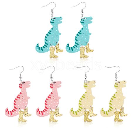 ANATTASOUL 3 Pairs 3 Colors Dinosaur & High Heels Acrylic Dangle Earrings EJEW-AN0002-79-1