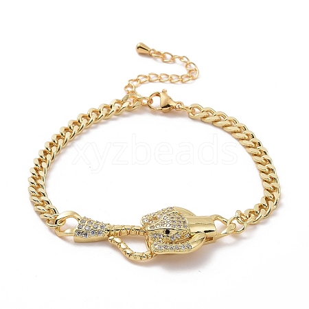 Cubic Zirconia Leopard Link Bracelet Brass Curb Chains for Women BJEW-G664-01G-02-1