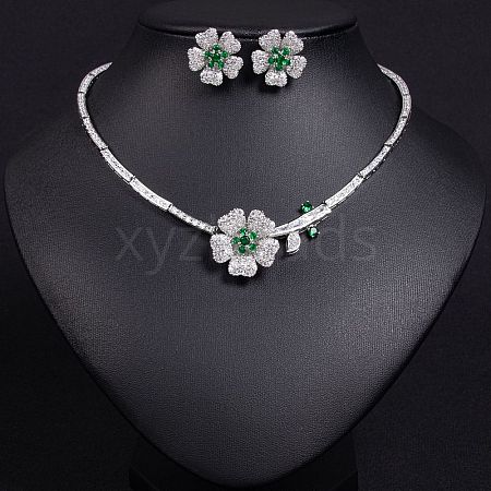 Flower Brass Micro Pave Cubic Zirconia Pendant Necklaces & Stud Earrings Sets WG63143-02-1