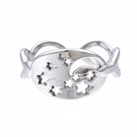 Non-Tarnish 304 Stainless Steel Moon and Star Open Cuff Ring RJEW-T023-12P-1